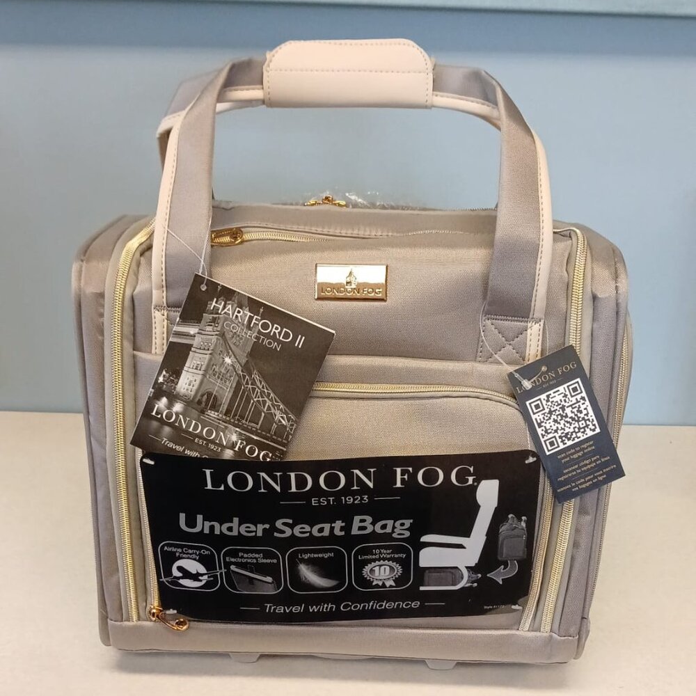 London Fog Under Seat Carryon HARTFORD II Grey Cream 15" Suitcase Wheels Luggage